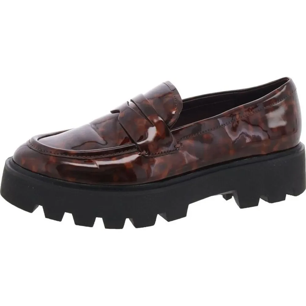 Franco Sarto Womens Balin Brown Patent Slip-On Lugged Sole Loafers Shoes